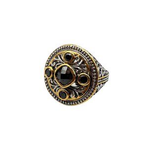 90s Two Tones Ring Size 8.5 Gold and Silver Color with Black Glass Stones